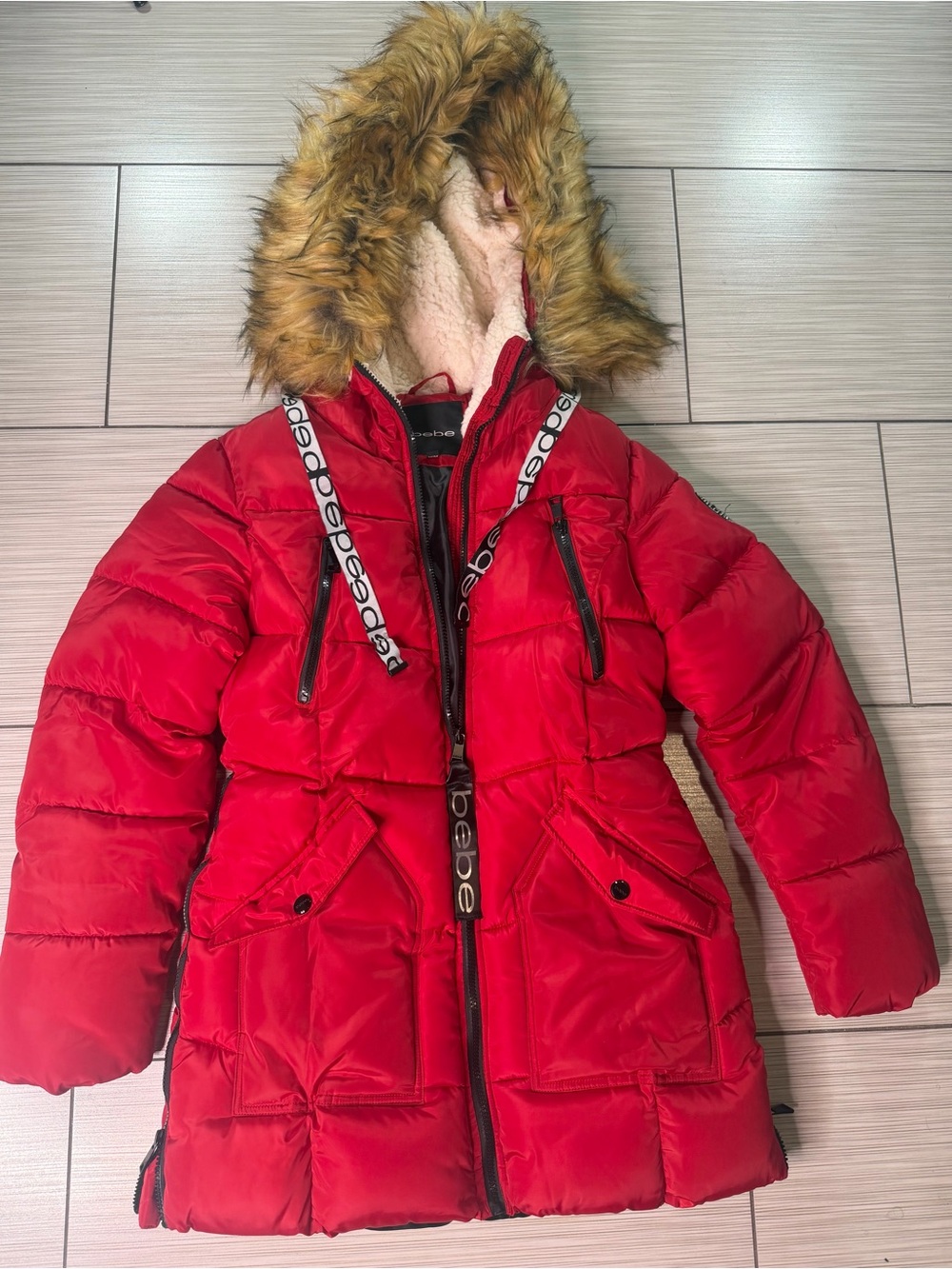 bebe Red Hooded Puffer Coat with Faux Fur Trim